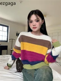 Womens Sweaters Ezgaga Striped Sweater Women Autumn Winter Pullover Rainbow O Neck Loose Sweet Fashion Female Knitwear Jumper Casual Chic 230920