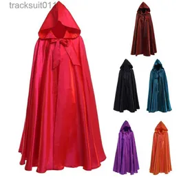 Capa feminina Halloween Party Cosplay Manto Mulheres Homens Adulto Longo Robe Com Capuz Manto Bruxaria Feriado de Natal Cor Sólida Capa Medieval L230920