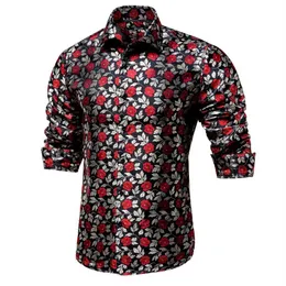 Men's Casual Shirts Hi-Tie Silver Red Rose Floral Men Shirt Luxury Silk For Wedding Dress Fashion Slim Fit Long Sleeve Drop239S