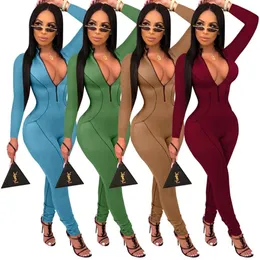 Kvinnor Sexig Zip Up Deep V-ringen Långärmad bodycon Long Pants Party Clubwear Jumpsuit Romper