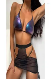 Women039s Swimwear Sexy Bikini Set Woman Shiny Metallic 2pcs 2022 Halter Laceup Bra With Sheer Mesh Skirt And Thongs Summer Be54206315175