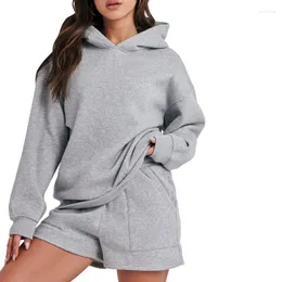 Mulheres Tracksuits Mulheres Hoodies Curtos Conjuntos Primavera Outono Roupas Cor Sólida Manga Longa e Cintura Elástica Shorts Soltos Loungewear