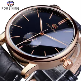 Forsining Relógio Mecânico Masculino Simples Automático Sub Mostrador Preto Ultra-fino Analógico Pulseira de Couro Genuíno Relógio de Pulso Horloge Mannen281S