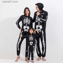 Family Matching Outfits New 2023 Halloween Party Matching Clothes Adults Kids Hooded Jumpsuit Skull Print Full Sleeve Zipper Romper Pajamas Family Look T230921