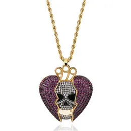 14K glacé crâne squelette violet coeur jus Wrld pendentif collier Micro pavé cubique Zircon Hiphop mode bijoux 302W