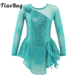 Dancewear Girls Kid Mesh Long Sleeves Sequins Gymnastic Leotard Dress Stage Performance Ballet Dance Figure Ice Skating Dress 230920