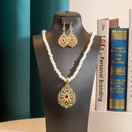 Necklace Earrings Set Moroccan-Style Crystal Imitation Pearl Chain Flower Pattern Shape Pendant Luxury Wedding Dress Jewelry