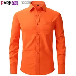 Men's Dress Shirts Orange Stretch Dress Shirt Men 2023 Brand New Regular Fit Long Sleeve Button Down Shirt Wrinkle-Free Easy Care Chemise Homme 2XL L230921