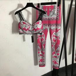Модные кружевные эластичные брюки, женский комплект для йоги, сексуальный винтажный топ без бретелек с принтом, тонкие леггинсы, спортивный костюм