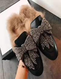 Women Real Leather Fur Backless Slipper Mule Slide Rhinestones Crystal Bowknot Princetown Shoes Warm Winter Plus Size 3443 Slippe2099297
