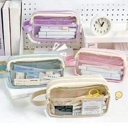 Simple Large Capacity Pencil Bag Double Layer Transparent Stationery Zipper Pouch Student Pen Case School Supplies