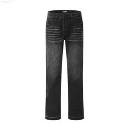 High Street Fashion Brand Knife Cut Hole Texture Black Grey Washed Old Cat Beard Straight Barrel Micro Horn Jeansm89n