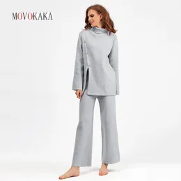 Womens Two Piece Pants MOVOKAKA Autumn Winter Warm Sweater Knitted Set Turtleneck Pullovers Top Wide Leg Trousers Suits Sets 230921