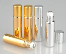 wholesale 5ml UV Roll On Bottle Gold and Silver Essential Oil Steel Metal Roller ball fragrance Perfume Vials ZZ
