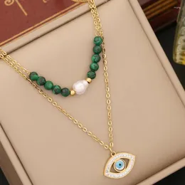 Chains Stainless Steel Double-layer Collarbone Necklace Natural Malachite Eye Butterfly Tree Of Life Pendant For Women Jewelry