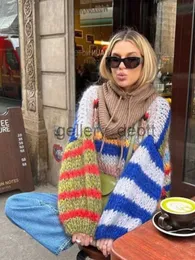Swatery dla kobiet w paski Multi kolor o szyja swetry swobodny długi rękaw Wysokie elastyczne pulower Top 2023 jesień zima żeńska ciepłe swetry J230921