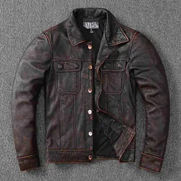 Mens Leather Faux Vintage Brown Workwear Style Cowboy Genuine Jacket Natural Cowhide Coat Stone Mill Old Clothes 230921
