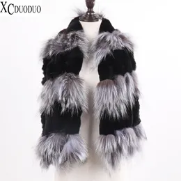 Lenços Inverno Mulheres Long Genuine Malha Lenço De Pele Real Rex Coelho Collar Quente Pescoço Roubou Tassel Natural Prata 230921