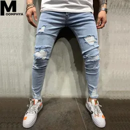 Moomphya sıkıntılı yırtık delikler skinny jeans erkekler sokak giysisi ince erkek kot pantolon 2020 kot pantolon hip hop pantolon mavi236u