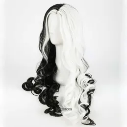 Cruella Deville de Vil Cosplay Wigs 75 cm lång lockig halv vit svart värmebeständig syntetisk hårkapital y09138146249