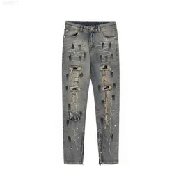 High Street Wind Blown Hole Patch Made Old Speckled Ink Slim Fit Small Foot Side dragkedjan Jeansfvze