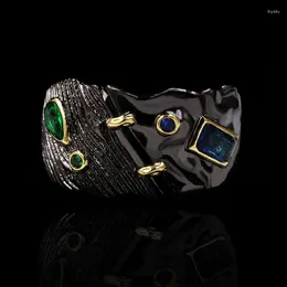 Cluster Rings Exquisite Bohemian Style Black Gold Irregular Color Zircon Ring 925 Silver Jewelry Wedding Ladie