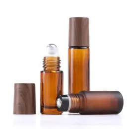 wholesale 5ml 10ml 15ml Amber Glass Rollon bottles Wood Grain Plastic cap Frosted Essential Oil Perfume Bottle with Stainless Steel ZZ