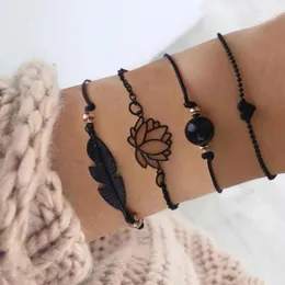 Link Bracelets 2023 Fashion 4PCs Gothic Black Feather Lotus Set Heart Charm Boho Bangles For Women Wrist Chain