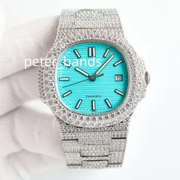 Top Quality men watch Fashion Silver Men's Watch 40mm Ice Out Full Diamond Bezel Automatic Movement blue face3004