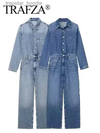 Damen Jumpsuits Strampler TRAFZA Damenmode Playsuits 2023 Neue Denim Zwei Farben Strampler Frau mit Knopf Vintage Chic und elegant Mujer Jumpsuits L230921