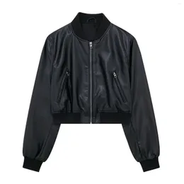 Jaqueta de couro feminina bombers jaquetas pu casaco chaqueta mujer preto manga longa outwear cortado vintage racer jaqueta zar