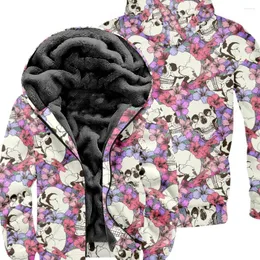Men's Hoodies Zipper Cardigans Skull Flowers Pattern Florals Printed Thick Home Wear Fleece Casual Streetwear Men Women Clothing