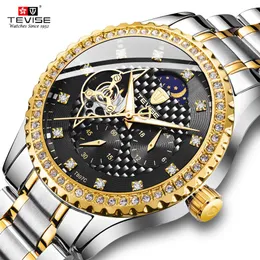 TEVISE Luxus Männer Edelstahl Band Automatische Uhr Mode Männer Mond Phase Diamant Leucht Mechanische Clock226M