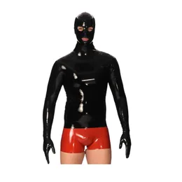 Catsuit Costumes LaTex 100% gumowe mężczyźni długie slevey ciasny top i czerwone bokserki z maską 0,4 mm rozmiar xxs-xxl