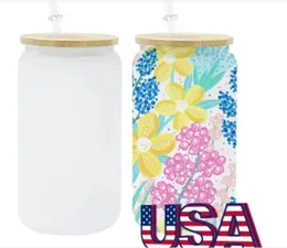 USA warehouse sublimation 16oz glass tumbler clear frosted beer can with lids and straws 25pcs a case