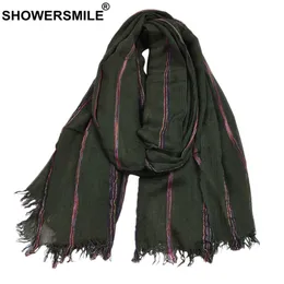 Scarves SHOWERSMILE Cotton Linen Men Scarf Winter Army Green Striped Tassel Fashion Ethnic Style Male Accessories 230921