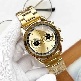 Moda omeg relógio de luxo designer mega relógio de quartzo cinco agulha cronometragem banda de aço sólido negócios masculino
