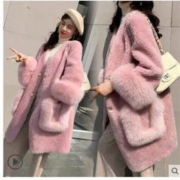 New fashion women''s thickening warm faux lamb fur v-neck long sleeve faux fox fur cuff patched medium long loose coat c231g