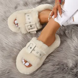 Kupki Blugi Decor Double Band Winter Women Slipper Miękka futrzana platforma pięty ciepłe otwarte palce puszysty dom 230921