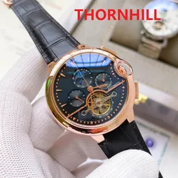 Mens Mechanical Automatic Roman Moon Watches Classic Style 48mm svartbrun äkta läderband 5atm vattentät superljus WRI277F