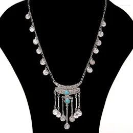 Pendant Necklaces Vintage Ethnic Silver Color Coin Tassel Statement For Women Boho Long Carved Stone Collar Necklace Jhumka Jewelry
