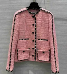 Womens Wool Blends High quality designer celebrity pink tweed coats contrast color binding trim pockets oneck woolen coat 230921