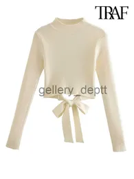 Suéteres femininos traf mulheres moda com laço amarrado camisola de malha vintage manga longa sem costas pullovers femininos chiques tops j230921
