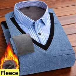 Mens Sweaters Inverno Quente Falso Twopiece Malhas Clássico Moda Solta Casual Pulôver Masculino Marca Bottoming Camisa Regular Fit Top 230921