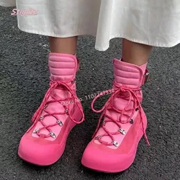 Stövlar rosa snörning vintage ankel ankomst lyxig rund tå plattform blandade färger söta kvinnors skor 230921
