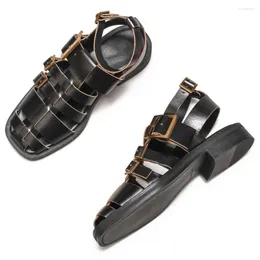Sandals Women's Baotou 2023 Genuine Leather Horse Hair Retro Flat Bottom Roman Female Beach Shoes Zapatos De Mujer