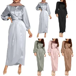 Frauen arabische muslimische Satin-Puff Langarm Maxi Kleider