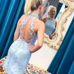 Bainha jóia na altura do joelho vestido de baile 2019 luz céu azul renda hoco vestidos 2k19 frisado pescoço alto sexy volta luz amarela cocktai233m