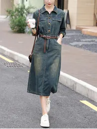 Casual Dresses Dress For Women 2023 Autumn Korean Fashion Vintage Denim A-line Long Sleeve Top Belt Split Slim Mid Length Lady Clothing