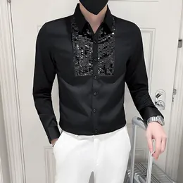 Männer Kleid Hemden 2024 Design Hemd Mann Weiß Schwarz Langarm Smoking Vordere Pailletten Slim Fit Top Kleidung Hochzeit Party bluse